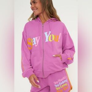 The Mayfair Group Women’s Pink Colorful Stay‎ You Zip-Up Hoodie Size S/M NWT